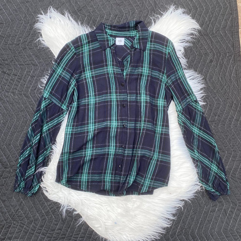 CAbi Women's Long Sleeve Big Sur 3769 Green Plaid Button Down Shirt Size Medium